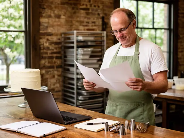 A man in a green apron reads printed sheets beside a laptop and piping tips in a brick-walled bakery.